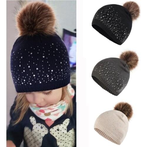 WZCX Rhinestone Inlay Solid Color Child Pompom Hat Keep Warm Casual Tide Autumn Winter Baby Knitted Cap Beanie Hat