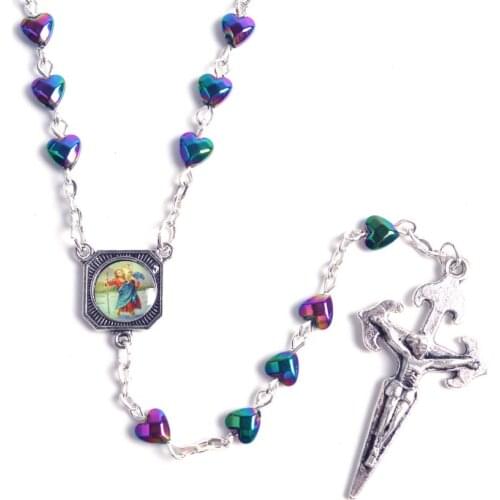 New Fashion Religious Heart Shaped Gradient Hematite Beads Jesus and St Christopher Catholic Rosary Necklace
