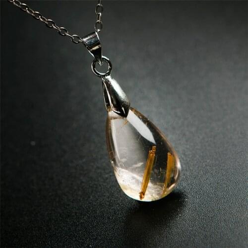 Genuine Natural Titanium Rutilated Quartz Crystal Charm Women Waterdrop Bead Pendant 20*12*7mm