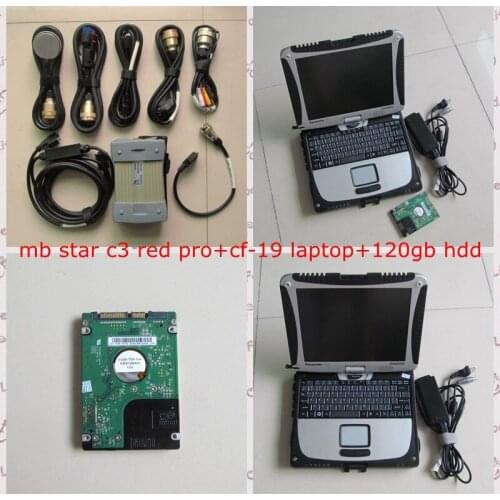 Red pro mb star c3 multiplexer in truck and car with 7 cables+120gb hdd software with COM connect cf19 laptop full set diagnose