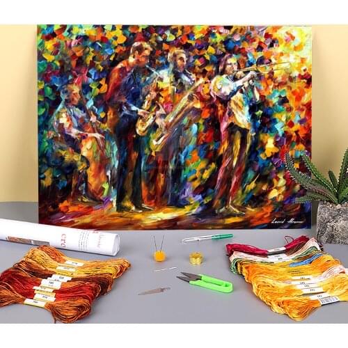 Oil Style Jazz Band Printed Water-Soluble Canvas 11CT Cross-Stitch Set DIY Embroidery DMC Threads Different
