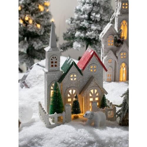 Christmas decoration wooden house snow scene castle with light small house atmosphere scene layout table decorations window wood