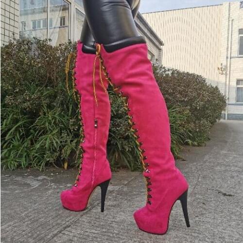 Hot Pink Winter New Lace Up Front Round Toe Over The Knee Platform Thin Heels Thigh Boots Sexy Night Club Long Boots Woman
