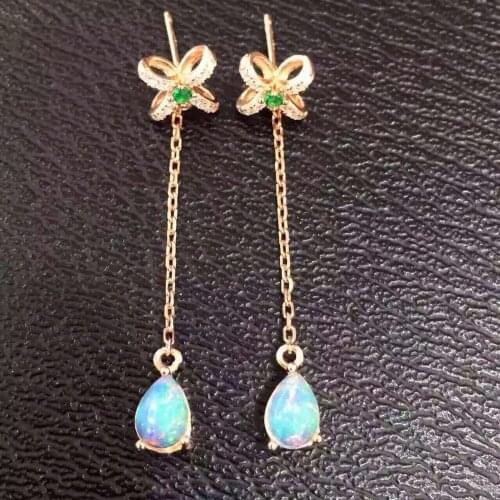 Natural opal gem drop earrings 925 silver natural gemstone earrings Stylish elegant women bow-knot Slender Earrings jewelry