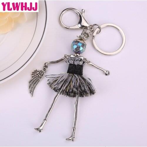 YLWHJJ brand women cute doll black bag tassel keychain car pendant baby fairy girl key chains wings fashion statement jewelry
