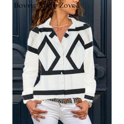 Women All Over Print Turn-down Collar Patterns Print Long Sleeve Button-up Blouse