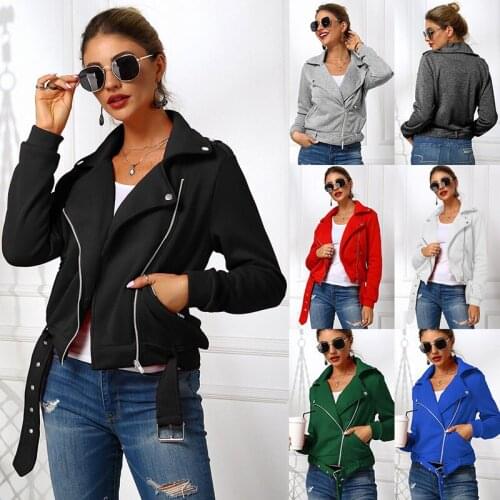 Women Bomber Jacket Slim Short Style Black Coat Turn-down Collar Rivets Zipper Front Long Sleeve Jackets with Belt Windbreakers