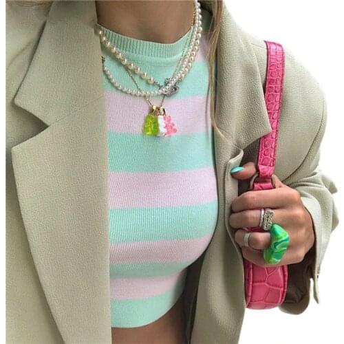 Striped Knitted Crop Tops Women Y2K Summer Sleeveless Patchwork Casual Beach Off Shoulder Vintage Fashion Sexy Tank Tops