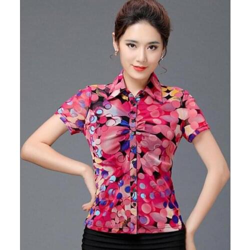 Summer Office Lady Women Green Yellow Polka Dot Short Sleeve Stretch Blouse Shirt , Slim 4XL 3XL Painted Blouses For Women