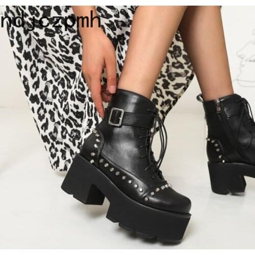 Women Boots Design Female Chunky High Heels Ankle Boots Fashion Zip Lace-up High Platform Boots Women Street Punk Shoes Woman