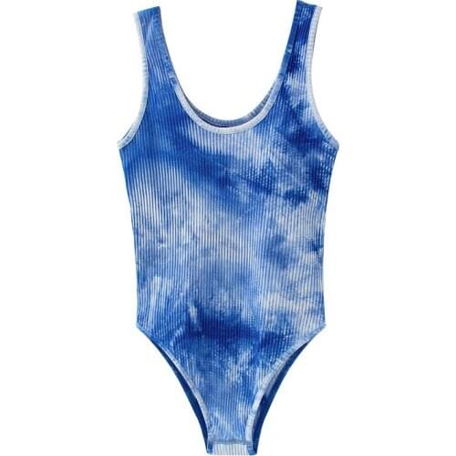 Women fashion blue tie-dye print summer beach style bodysuit 2020 sexy lady bodycon sleeveless tops bodysuits femme