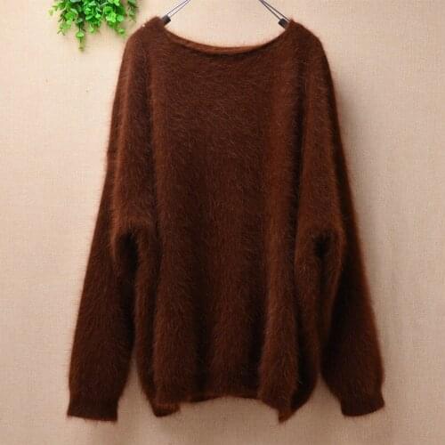 Top femme Korean fashion hairy mink cashmere knitted slash neck long puff sleeves pullover Round neck angora fur jumper sweater