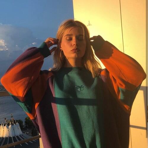 B-TOTO American Retro Stitching Contrast Color Butterfly Embroidery Sweater Womens Tide Ins European And American Tops 2021