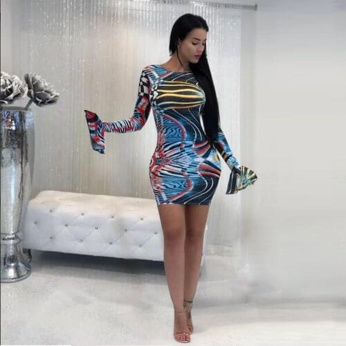 S-XL Womens Mini Dress Flare Long Sleeve printing Bodycon Clubwear