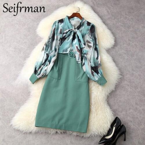 Seifrmann New 2021 Summer Women Fashion Runway Party Pencil Dress Lantern Sleeve Bow Chiffon Printed Elegant Patchwork Dresses
