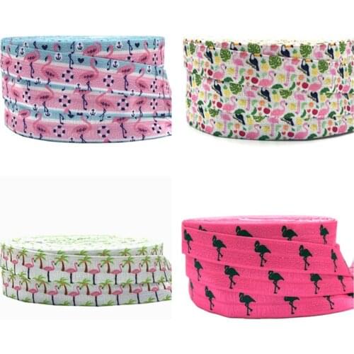 10yard 16mm Flamingo Palm Tree Print Fold Over Elastic FOE Webbing for Headband Diy Sewing Hair tie Gift decoration Accessories