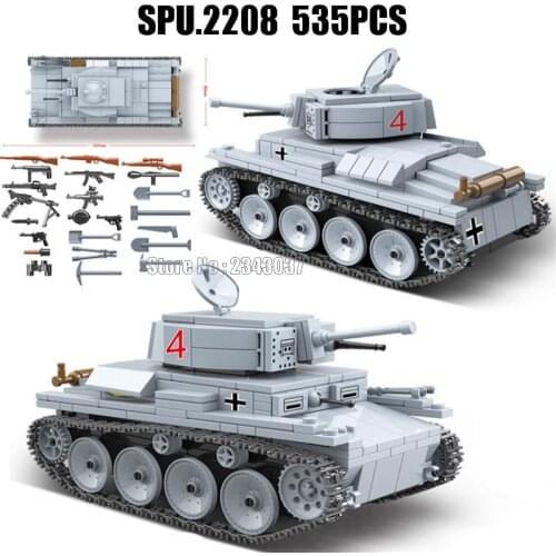 100082 535pcs Ww2 Military Lt-38 German Light Tank Soldier Weapon World War Ii Weapon 2 Building Blocks Toy