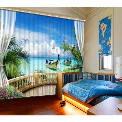Tropical Sand Beach Overlook from Balcony 3D Window Curtain HawaiianParadise Seaside Scene Curtain Home Living room Bedroom
