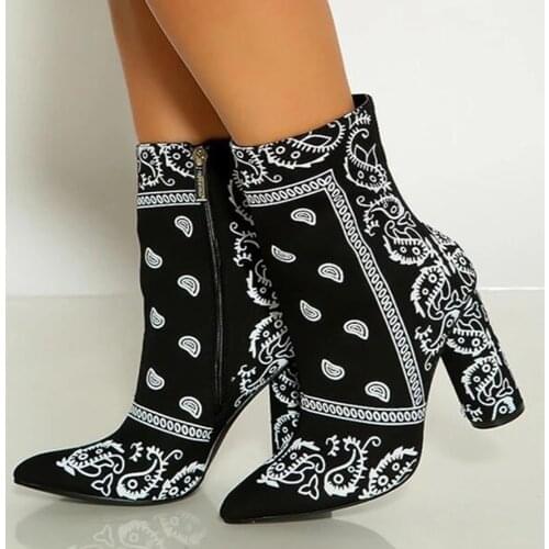 Fashion Women Boots Large Size Shoes Printing Breathable Chunky High Heels Retro Zipper Short Ankle Boots Shoes botas femininas