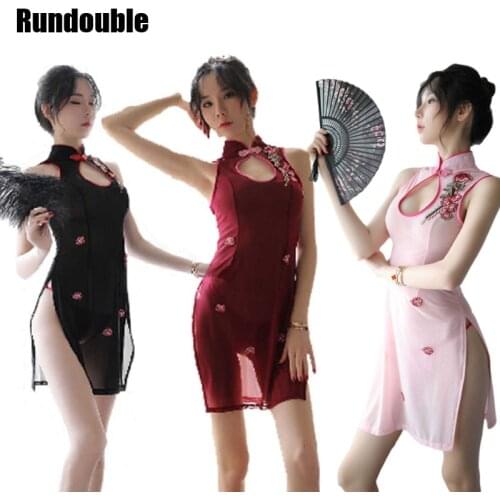 Erotic Cosplay Costume Transparent Cheongsam Dress Thongs Set Porno Perspectivity Sexy See Through Qipao Uniforms Lingerie Hot
