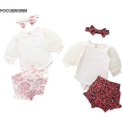 FOCUSNORM Baby Girls Boys Clothes Sets Puff Sleeve White Romper Tops Leopard Print Shorts Headband 3pcs