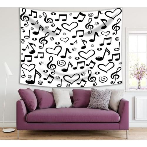 Tapestry Black and White Print with Music Notes Clefs Heart Shapes Musical Symbols Classic Artwork