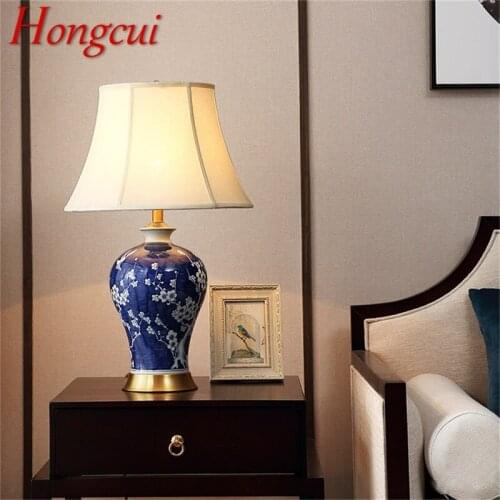 Hongcui Brass Table Lamps Blue Ceramic Desk Light Luxury Modern Fabric Decorative for Home Living Room Dining Room Bedroom