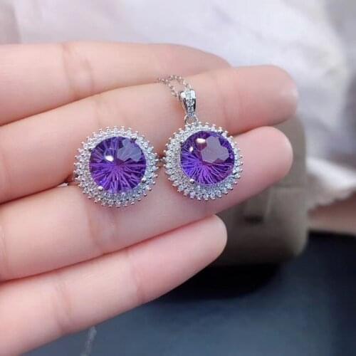 Best Gift Real and Natural Amethyst jewelry set Natural Real Amethyst 925 sterling silver 1pc pendant,1pc ring