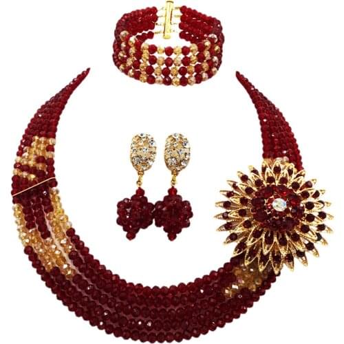 Fashion Wine Gold Multi Strands Nigerian Wedding Necklace Costume African Beads Jewelry Set for Women 5L-YH20