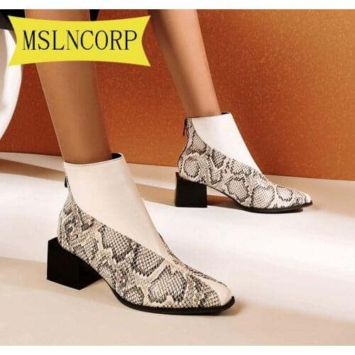 Plus Size 34-48 Motorcycle Western Cowboy Boots Women Animal Snake Pattern Leather High Heels Cowgirl Zip Booties Ankle Shoes