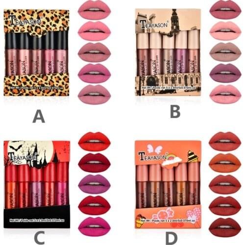 New Arrive 5pcs Matte Lipstick Set Lip Makeup Velvet Lip Gloss Kit Long-lasting Waterproof Non-stick Cup Liquid