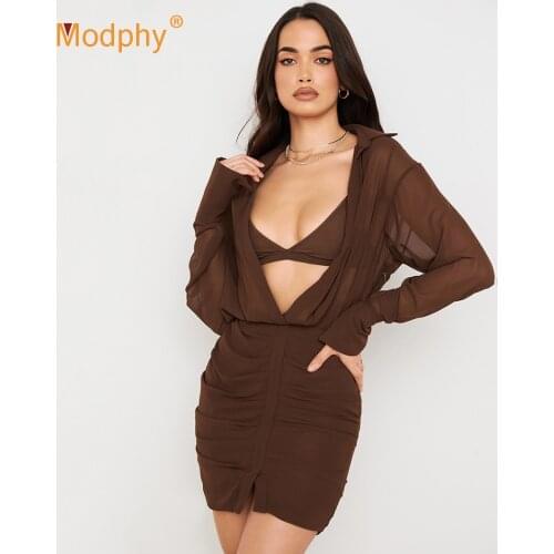 New Elegant Chiffon Two-piece Dress Women Lantern Long Sleeve Folds Mini Dress Club Celebrity Party Female Vestidos Summer 2021