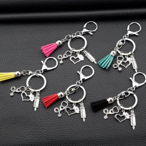 New/high quality 1 piece nurse medical syringe stethoscope image keychain creative nurse cap heart tassel key ring pendant gift