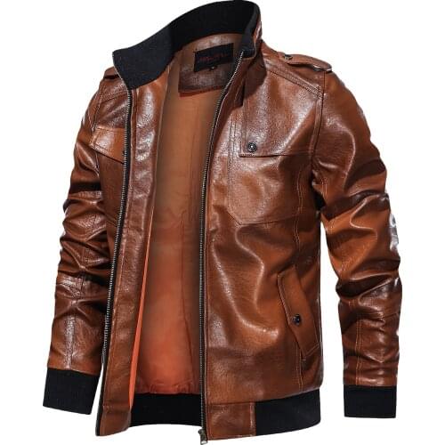 Autumn/Winter 2020 Mens Brown Pu Leather Locomotive Jacket Outdoor Casual Slim Fitting Large-size Workwear Tops
