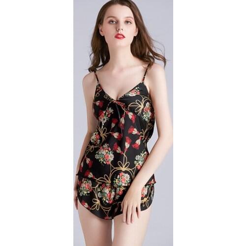 Pajama Sets Sleepwear Women Night Gown Sexy Silk Underwear Print Thin Sling Two Piece Set Fashion Women Shorts de Costume