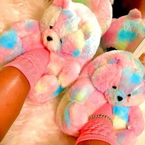 One Size Fits All Plush Giant Women Animal Fluffy Rainbow Black Teddy Bear Slippers Stuffed Animals Soft Velvet Furry Slides