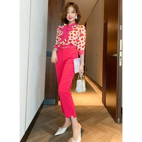 Love print ribbon collar versatile shirt+Womens belt pipe pants suit 2021 spring