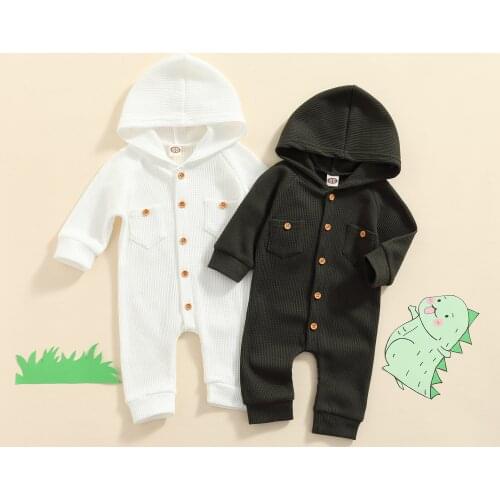 Newborn Waffle Hooded Jumpsuit, Toddler Casual Solid Color Long Sleeve Romper with Pockets