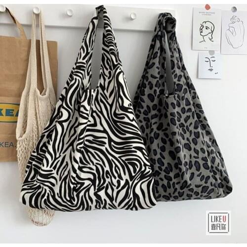 Retro Corduroy Shoulder Bag Women Zebra Leopard Pattern Large Capacity Tote Handbags Female Ins Chic Animal Shopping Bags WY130