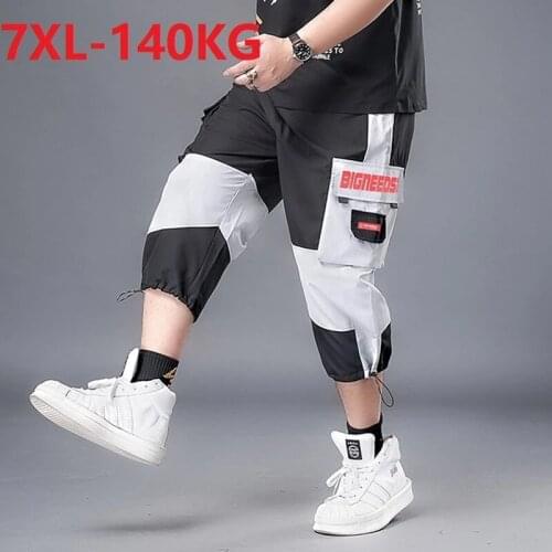 High quality summer men high street cargo pants pockets plus size 7XL patchwork pants letter korea style loose calf length pants