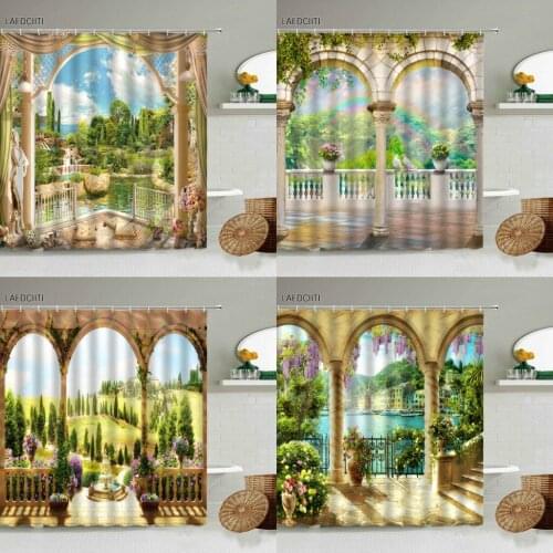 Natural Landscape Shower Curtain Arched Garden Window View Forest Lake Green Plants Flowers Vines home Bathroom Screen Washable