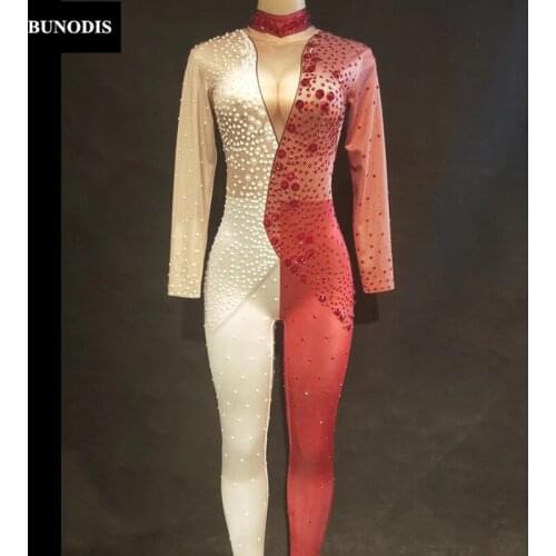 ZD306 Women Sexy Red & White Jumpsuit Full Of Sparkling AB Crystals Singer Dancer Stage Wear Bodysuit Nightclub Party Costumes