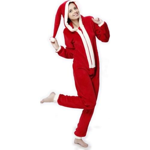 Women Plus Size Coral Fleece Pyjamas Hooded Christmas Costume Onesie Winter Warm Christmas Party Clothes Pajamas For Adult Women