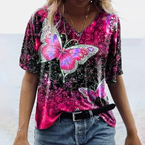 Short Sleeve V-neck Women Loose Summer T-shirt Casual Butterfly Print T-shirt Women Short Sleeve Large Size T-shirt Top S-5XL