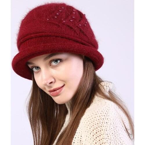 Women Vintage Elegant Wool Bucket Hat Pearl Winter Warm Cap