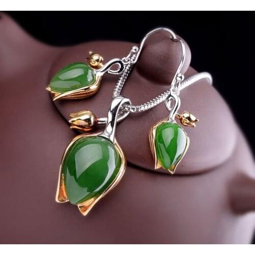 2019 new fashion jewelry S925 pure silver fashion ladies earrings water droplets hetian natural stone pendant tulips
