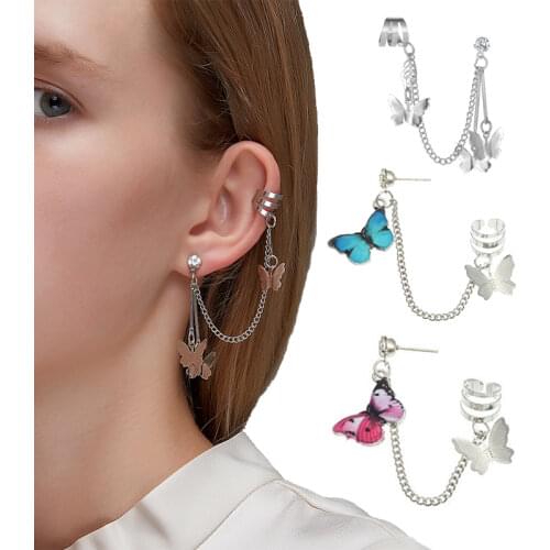 2020 New Punk Fashion Earrings Temperament Simple Handmade Butterfly Net Red Tassel Chain Double Ladies Ear Clips Wholesale