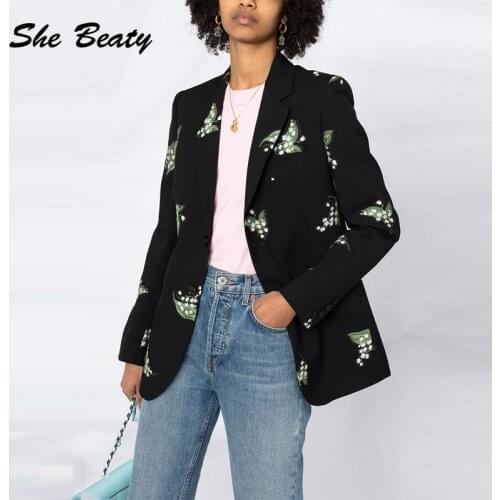 She Beaty Traf Blazer Women 2021 Autumn Winter Clothing Embroidery Butterfly Long Sleeve Casual Ladies Celebrity Coat Zevity Top