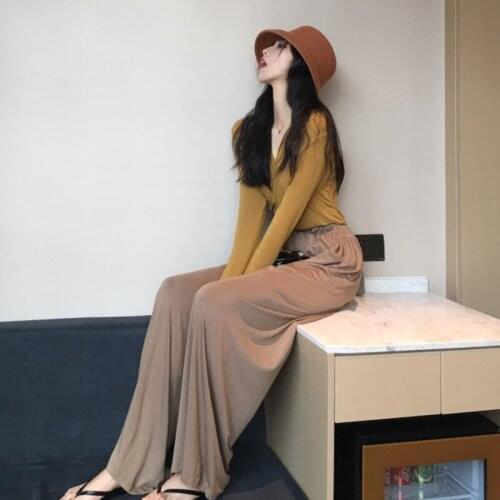 Womens Two-Piece Suit Autumn Vintage Gentle Cross V-Neck Blouse+ High Waist Loose Mopping Wide-Leg Pants Fashion Two-Piece Suit