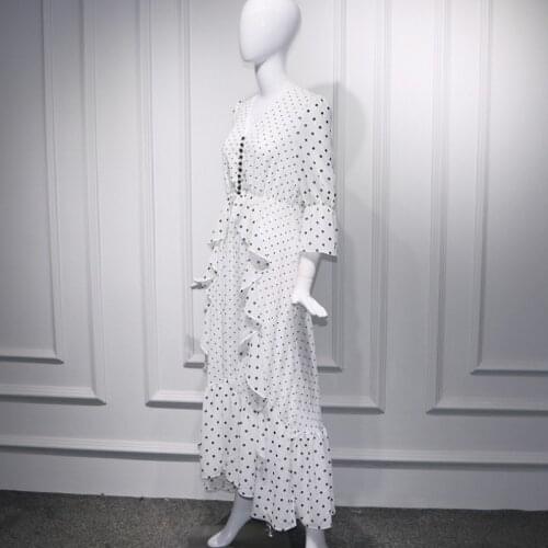 Women Bohemian Holiday Summer Dresses Ruffles Dot Designer Long Maxi Dress Three Quarter Sleeve Ladies Beach Style Sundresses